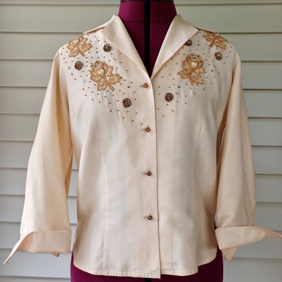 Vintage 60s Malbe Original 2 Pc Size 12 Appliqué Shirt and Slim Ankle Pant Suit - Picture 2 of 16